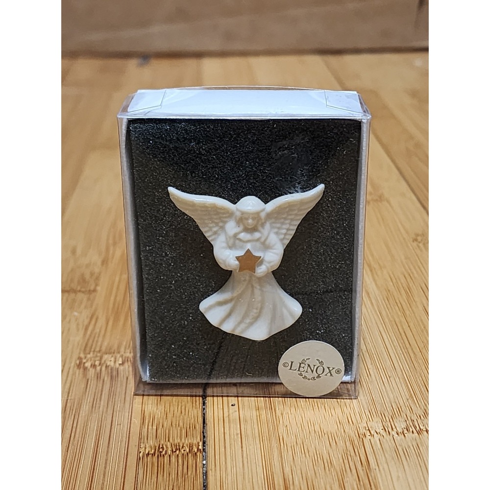 Vintage Lenox Porcelain Angel Pin / Brooch White With Gold Star Winged Christmas